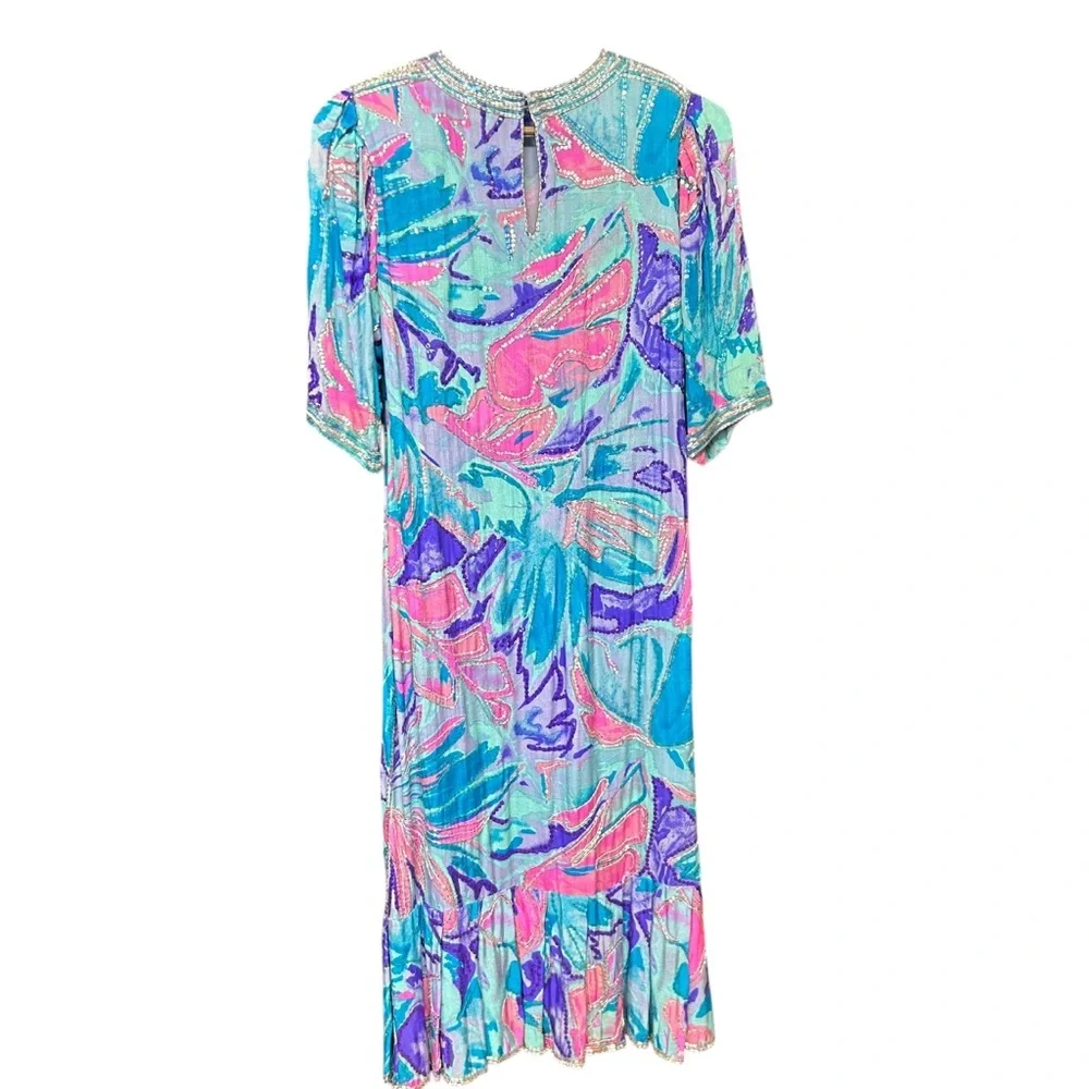Neiman Marcus vintage beaded midi maxi length colorful silk dress size medium